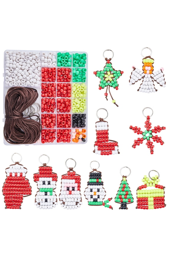 DIY Christmas Keychain Making Kit Including Barrel Resin Large Hole Beads Iron Split Key Rings Mixed Color 635Pcs/box