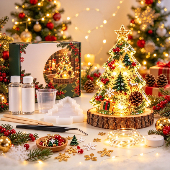 DIY Christmas Night Light Kit for Beginner, Warm Glow Holiday Light Decoration with Resin Mold, Easy to Use (Christmas tree)