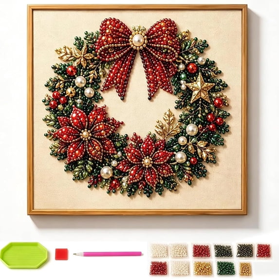 DIY Christmas Pearl Art Kit with Frame, Pearl Diamond Painting for Adults Beginners, Gemstone Bead Craft Kit for Holiday Home Decor, Stress-Relieving Creative Activity (Wreath)