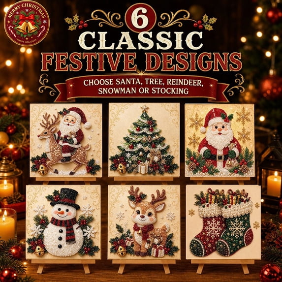 DIY Christmas Pearl Bead Art Kit for Beginners, Holiday Mosaic Craft Set with Canvas, Plastic Beads, Applicator Pen, Wax, Sorting Tray, Instructions & Photo Frame, Family DIY Wall Art Holiday Gift