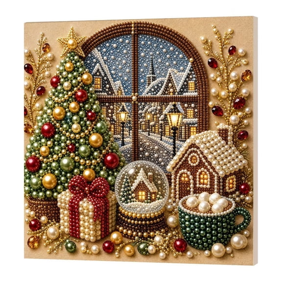 DIY Christmas Pearl Diamond Art Painting Kit with Frame,Festive Winter Window Pattern Pearl Beads Art Craft for Adults Beginner for Home Wall Holiday Decor