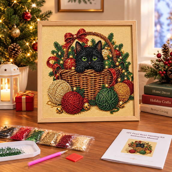 DIY Christmas Pearl Bead Painting Kit,Framed Canvas Rhinestone Art Set with Instruction Manual,Holiday Craft,Home Wall Decor Gift