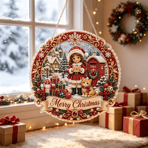 DIY Christmas Pearl Diamond Art Hanging Ornament Kit, 2026 Holiday Wishes Girl & Cat Winter‑Village Acrylic Wall Sign, 3D Rhinestone Gem Craft Kit for Xmas Decor
