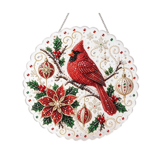 DIY Christmas Pearl Diamond Art Hanging Ornament Kit, 9.8 Inch Diamond Arts Window Suncatchers with Mental Chain, 2D Christmas Pearls Bead Painting Kit for Home Wall Christmas Decortions-Cardinal