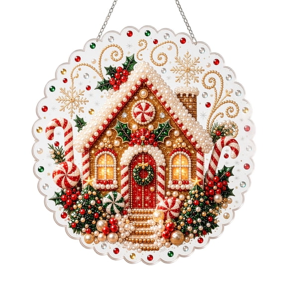 DIY Christmas Pearl Diamond Art Hanging Ornament Kit, 9.8 Inch Diamond Arts Window Suncatchers with Mental Chain, 2D Christmas Pearls Bead Painting Kit for Home Wall Christmas Decortions-House