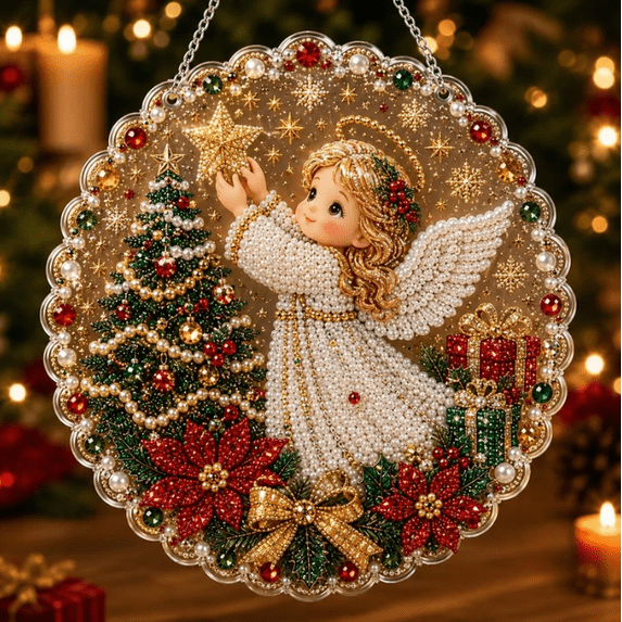DIY Christmas Pearl Diamond Art Hanging Ornament Kit, Mixed Rhinestone Pearl Bead 3D Acrylic Craft Set for Holiday Home Wall Window Tree Decoration