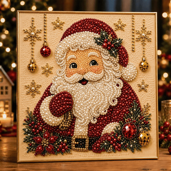 DIY Christmas Pearl Diamond Art Kit with Frame, 8 x 8 Inch 3D Bead Painting Craft Set for Adults and Beginners, Christmas Pearl Diamond-Painting Kits for Holiday Canvas Wall Decor Gift