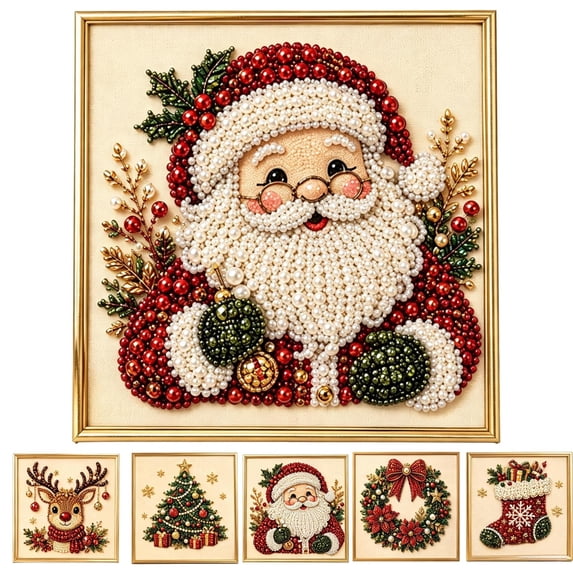 DIY Christmas Pearl Diamond Art Painting Art Kit with Frame, Cute 3D Christmas Pearl Beads Art Craft for Adults Beginner, Holiday Christmas Wall Decor, Healing Stress-Relieving,A