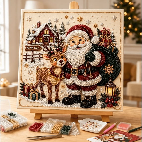 DIY Christmas Pearl Diamond Painting Art Kit for Adults, Beginner-Friendly, 3D Raised Pearl Beads Craft with Shimmering Effect, Handmade Art Craft for Home Wall Decor, Relaxing Stress Relief A