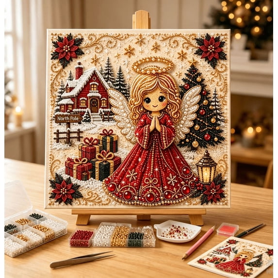 DIY Christmas Pearl Diamond Painting Art Kit for Adults, Beginner-Friendly, 3D Raised Pearl Beads Craft with Shimmering Effect, Handmade Art Craft for Home Wall Decor, Relaxing Stress Relief E