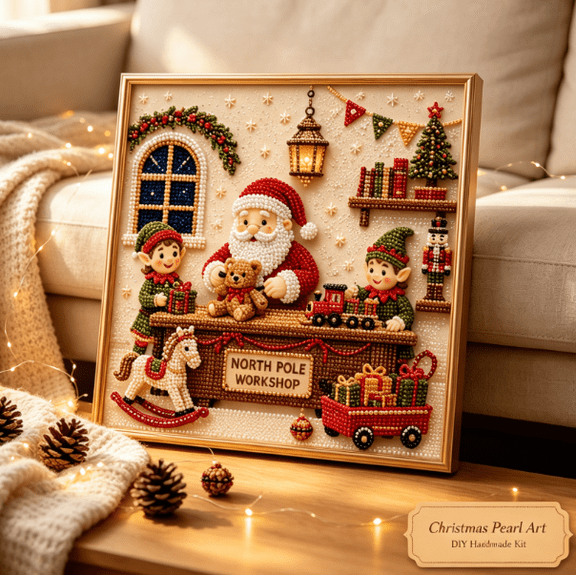 DIY Christmas Pearl Diamond Painting Art Kit, All-In-One Bead Craft Tool Pack For Beginners, Calming Leisure Project, Decorative Artwork For Living Room And Hallway Displays (Elf Workshop)