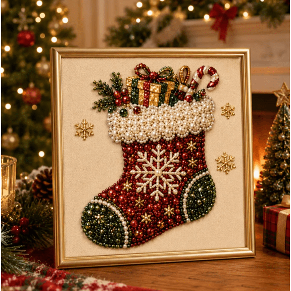 DIY Christmas Pearl Diamond Painting Art Kit, Festive Santa Tree Reindeer Wreath Stocking Art Ornament for Holiday Decoration