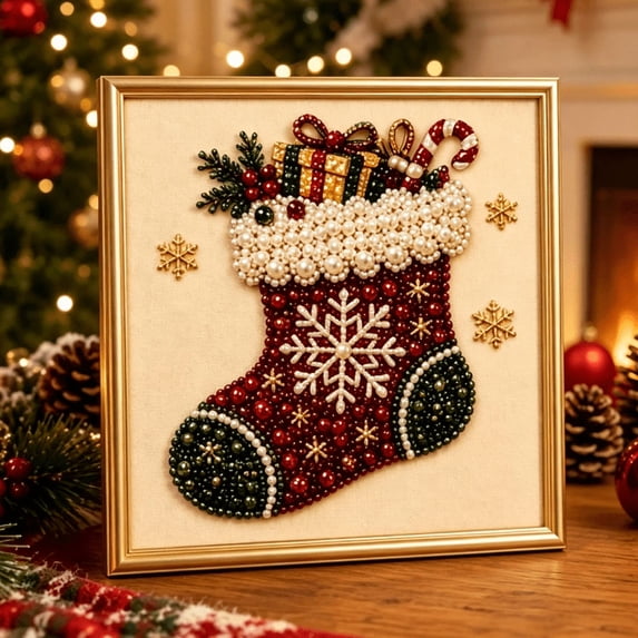 DIY Christmas Pearl Diamond Painting Art Kit with Frame, 2026 New Stress-Relief Pearl Bead Art, Complete Gem Dots Craft Set for Adults, Perfect Christmas Party & Home Decor Gift (Stocking)