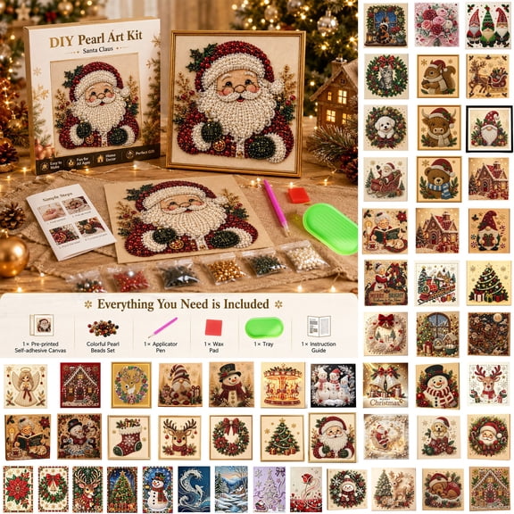 DIY Christmas Pearl Diamond Painting Art Kit with Frame, 3D Pearl Beads Gem Art Craft for Adults & Beginners, Holiday Home Wall Decor & Christmas Gift