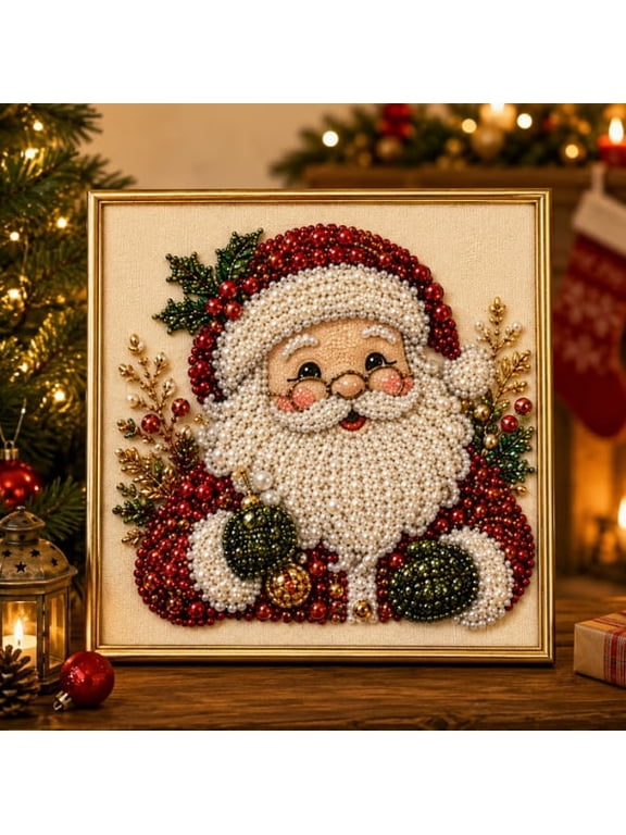 DIY Christmas Pearl Diamond Painting Art Kit with Frame, 3D Sparkle Pearl Beads Craft for Adults Beginners, Stress Relief Gem Dots Wall Art Decor, Santa Themed Seasonal Party Gift (Santa)