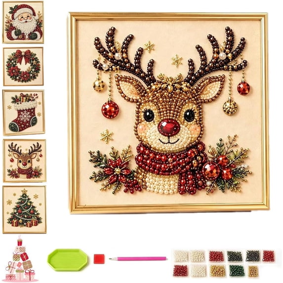 DIY Christmas Pearl Diamond Painting Art Kit with Frame, 7.9 * 7.9 in,Christmas Pearl Beads Art Craft for Adults & Beginners, Gemstone Diamond Dots Beads Painting for Home Wall Decor,Reindeer