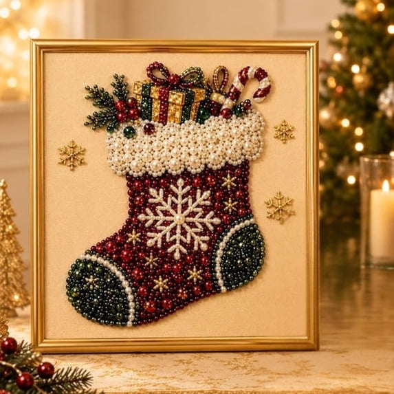 DIY Christmas Pearl Diamond Painting Art Kit with Frame, All-In-One Bead Craft Tool Pack For Beginners, Calming Leisure Project, Decorative Artwork For Living Room And Hallway Displays