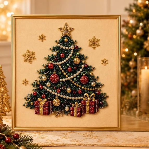 DIY Christmas Pearl Diamond Painting Art Kit with Frame, All-In-One Bead Craft Tool Pack For Beginners, Calming Leisure Project, Decorative Artwork For Living Room And Hallway Displays