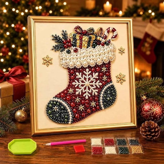 DIY Christmas Pearl Diamond Painting Art Kit with Frame, All-Inclusive Bead Art Supply Pack For Starters, Stress-Relief Creative Project, Decor Piece For Entryway And Bedroom Layouts