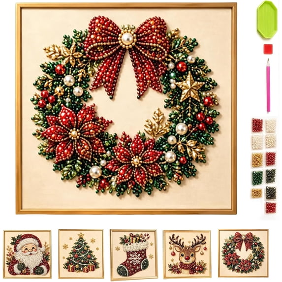 DIY Christmas Pearl Diamond Painting Art Kit with Frame, Christmas Craft Kit for Adults Beginners, Festive Holiday Wall Decor, Relaxing Winter DIY Craft Gifts