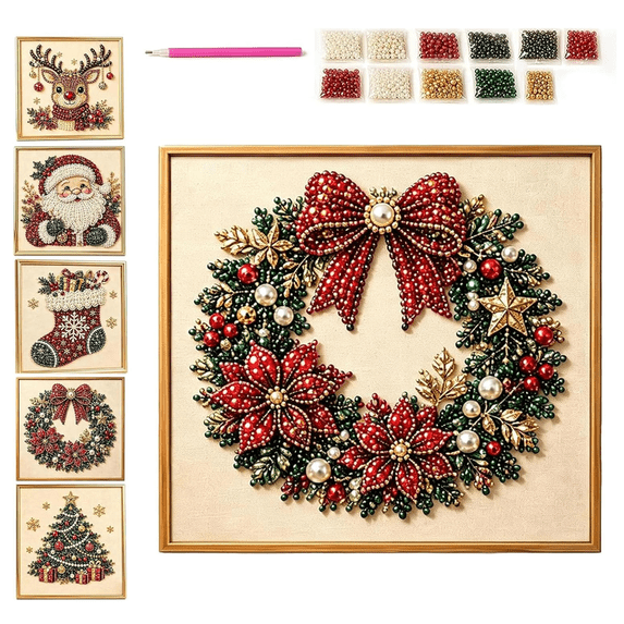 DIY Christmas Pearl Diamond Painting Art Kit with Frame, Christmas Ornaments for Adults, Relaxing & Beginner-Friendly Pearl Diamond Painting Hanging Kit for Home Wall Decor C
