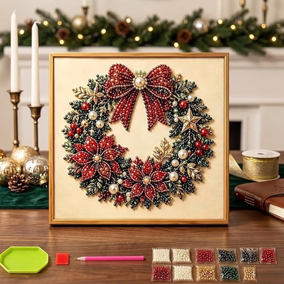 DIY Christmas Pearl Diamond Painting Art Kit with Frame, Christmas Ornaments for Adults, Relaxing & Beginner-Friendly Pearl Diamond Painting Hanging Kit for Home Wall Decor