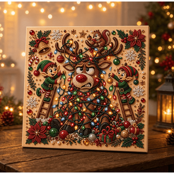 DIY Christmas Pearl Diamond Painting Art Kit with Frame, Christmas Ornaments for Adults, Relaxing & Beginner-Friendly Pearl Diamond Painting Hanging Kit (The Reindeer Light Disaster)