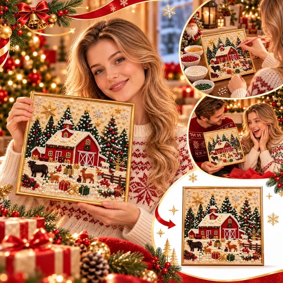 DIY Christmas Pearl Diamond Painting Art Kit with Frame, Christmas Pearl Beads Art Craft for Adults Beginner, Gemstone Diamond Dots Beads Handmade Painting Kit for Home Wall Decor, Christmas Farm