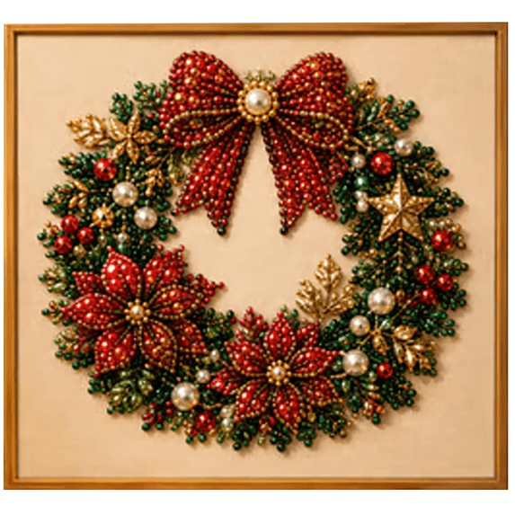 DIY Christmas Pearl Diamond Painting Art Kit with Frame, Christmas Pearl Beads Art Craft for Adults Beginner, Gemstone Diamond Dots Beads for Home Wall Decor, Healing Stress-Relieving (Wreath)