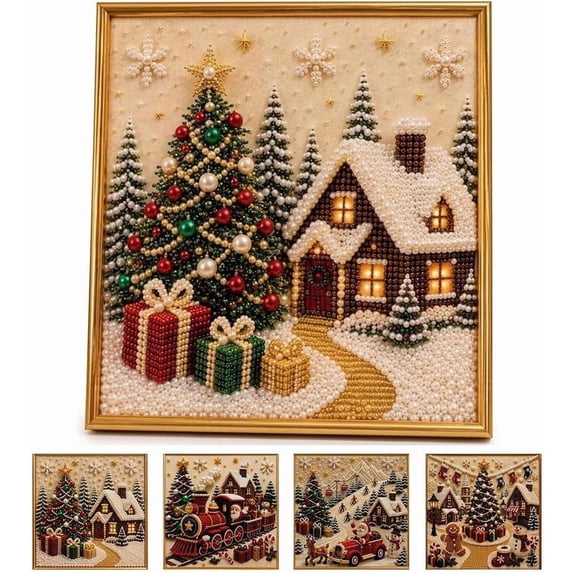 DIY Christmas Pearl Diamond Painting Art Kit with Frame, Christmas Pearl Beads Art Craft for Adults Beginner, Gemstone Diamond Dots Beads for Home Wall Decor, Healing Stress-Relieving (Cottage)