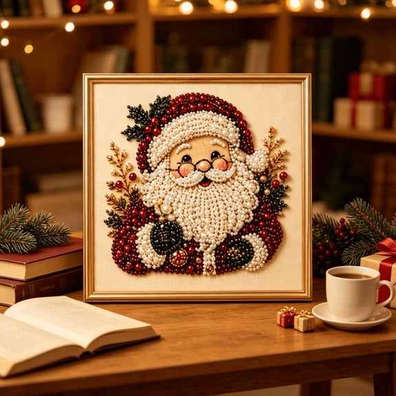 DIY Christmas Pearl Diamond Painting Art Kit with Frame Christmas Pearl Beads Art Craft for Adults Beginner Gemstone Diamond Dots Beads for Home Wall Decor Healing Stress-Relieving (Santa)