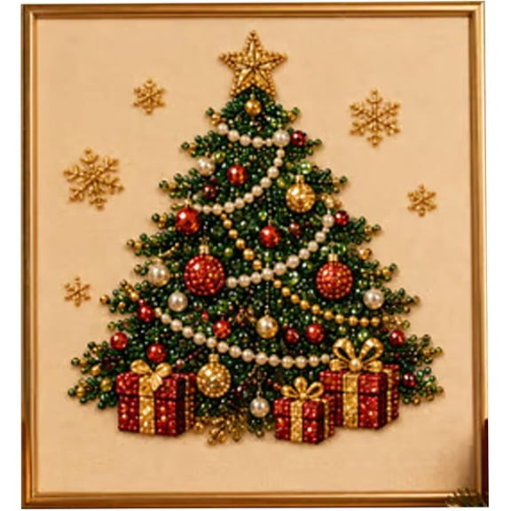 DIY Christmas Pearl Diamond Painting Art Kit with Frame, Christmas Pearl Beads Art Craft for Adults Beginner, Gemstone Diamond Dots Beads for Home Wall Decor, Healing Stress-Relieving (Tree)