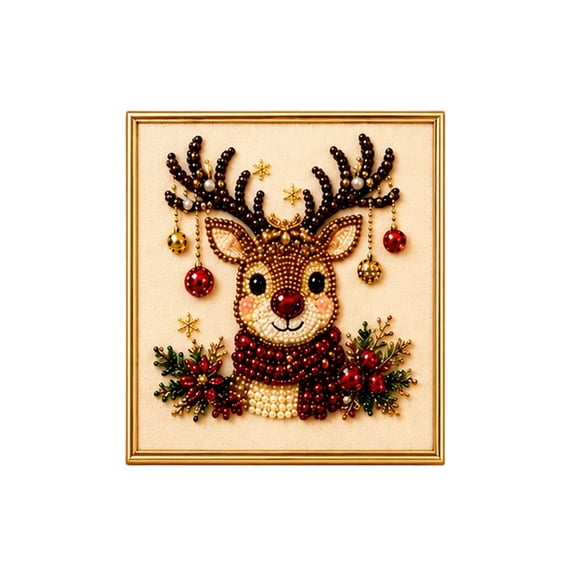 DIY Christmas Pearl Diamond Painting Art Kit with Frame, Christmas Pearl Beads Art Craft for Adults Beginner, Gemstone Diamond Dots Beads for Home Wall Decor, Healing Stress-Relieving (Reindeer-1pcs)