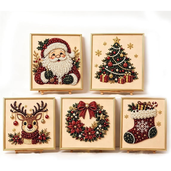 DIY Christmas Pearl Diamond Painting Art Kit with Frame, Christmas Pearl Beads Art Craft for Adults Beginner, Gemstone Diamond Dots Beads for Home Wall Decor
