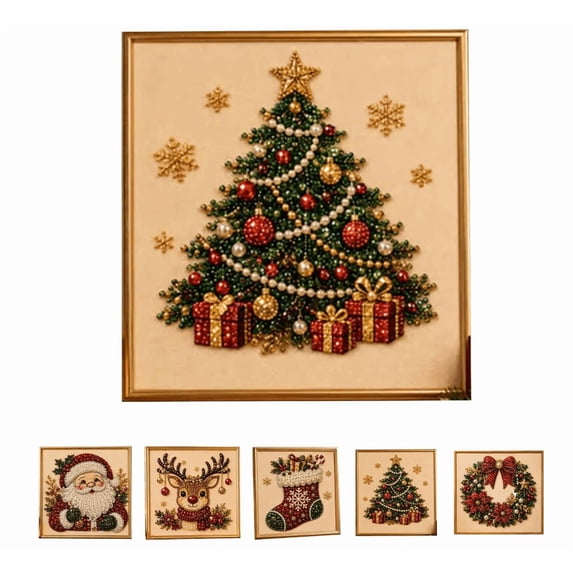 DIY Christmas Pearl Diamond Painting Art Kit with Frame, Christmas Pearl Beads Art Craft for Adults & Beginners, Gemstone Diamond Dots Beads Painting for Home Wall Decor