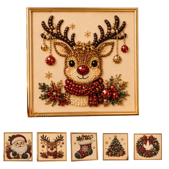 DIY Christmas Pearl Diamond Painting Art Kit with Frame, Christmas Pearl Beads Art Craft for Adults & Beginners, Gemstone Diamond Dots Beads Painting for Home Wall Decor