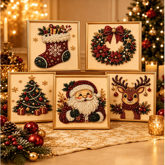 DIY Christmas Pearl Diamond Painting Art Kit with Frame, Christmas Pearl Beads Art Craft for Adults & Beginners, Gemstone Diamond Dots Beads Painting for Home Wall Decor A