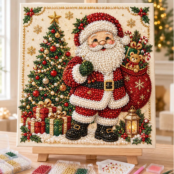 DIY Christmas Pearl Diamond Painting Art Kit with Frame, Christmas Pearl Beads Art Craft for Adults & Beginners, Gemstone Diamond Dots Beads Painting for Home Wall Decor C