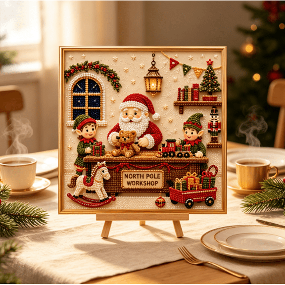 DIY Christmas Pearl Diamond Painting Art Kit with Frame, Christmas Pearl Beads Art Craft for Adults & Beginners, Gemstone Diamond Dots Beads Painting for Home Wall Decor (Pink Santa),Elf Workshop A5