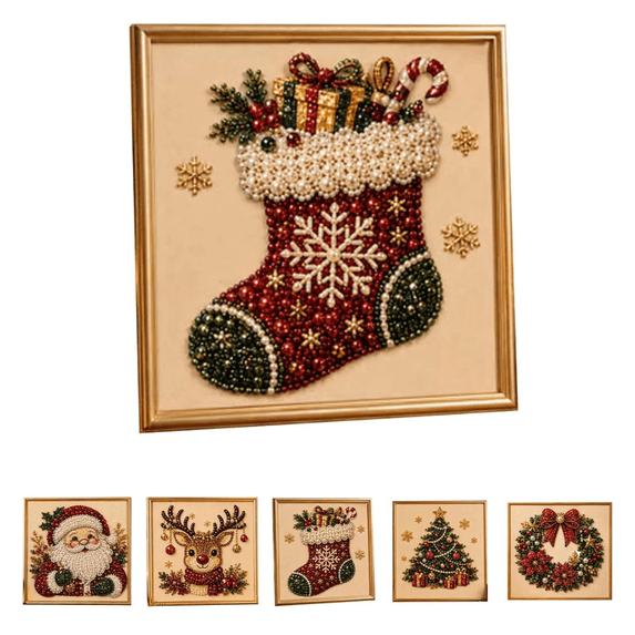 DIY Christmas Pearl Diamond Painting Art Kit with Frame, Christmas Pearl Beads Art Craft for Adults & Beginners, Gemstone Diamond Dots Beads Painting for Home Wall Decor