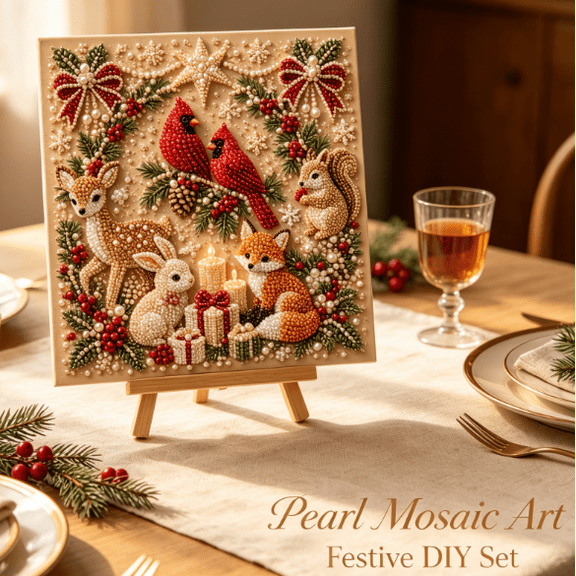 DIY Christmas Pearl Diamond Painting Art Kit with Frame, Christmas Pearl Beads Art Craft for Adults & Beginners, Gemstone Diamond Dots Beads Painting for Home Wall Decor (Forest Critters)