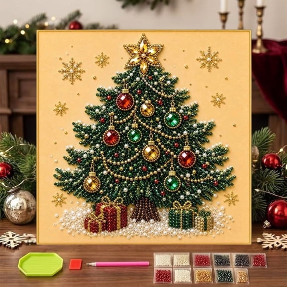DIY Christmas Pearl Diamond Painting Art Kit with Frame, Complete Holiday Bead Craft Toolset For Adult Artists, Calming Pastime Project, Handmade Present For Holiday Visitors