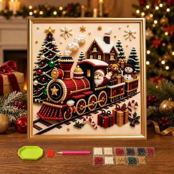 DIY Christmas Pearl Diamond Painting Art Kit with Frame, Full Pearl Dot Craft Supply Pack For Amateur Creators, Festive Household Wall Decor, Calming Activity Gift For Adults