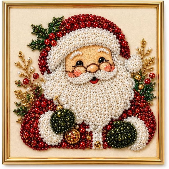 DIY Christmas Pearl Diamond Painting Art Kit with Frame, Premium Acrylic Canvas with Dimensional 3D Pearl Beads, Christmas Wall Decor Craft Kit for Adults, Beginners and DIY Lovers (Golden a, A)