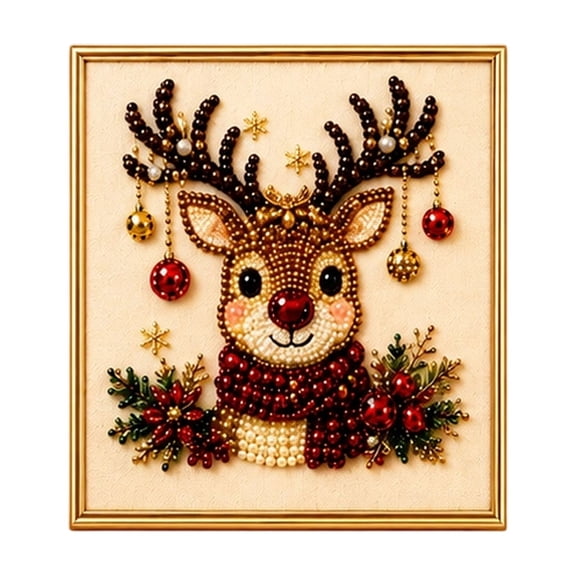 DIY Christmas Pearl Diamond Painting Art Kit, Full Round Pearl Rhinestone Rudolph Reindeer Canvas Picture with Golden Frame, Shimmer Xmas Wall Decor Craft Gift for Adults Beginners Fireplace Ornament