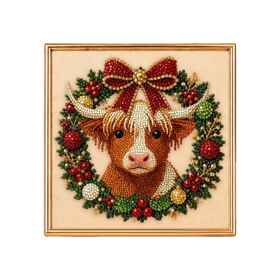 DIY Christmas Pearl Diamond Painting Art Kit, Highland Cow Art Craft for Adults and Beginners, Gemstone Diamond Dot Beads for Home Wall Decor