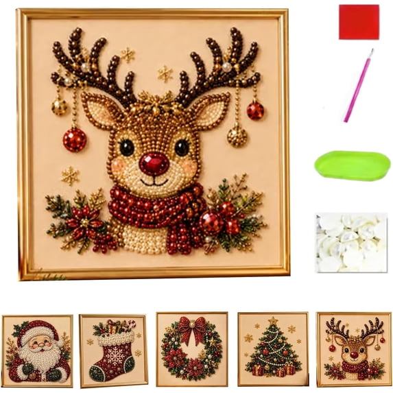 DIY Christmas Pearl Diamond Painting Art Kit, Raised 3D Sparkling Pearl Art Set to Upgrade Dull Home Wall Decor,Healing Stress-Relieving(Reindeer)