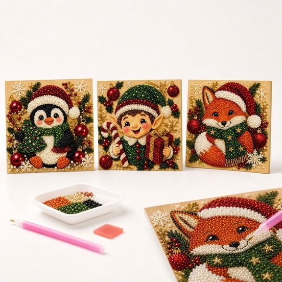 DIY Christmas Pearl Diamond Painting Art Kit, Self-Adhesive Pre-Printed Color Divided Canvas Xmas Craft Set, Parent-Child Interactive Relaxing Handicraft for Christmas Party Layout (Christmas Elf)