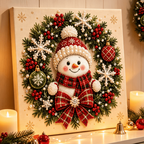DIY Christmas Pearl Diamond Painting Art Kit, Sparkling Raised Bead Christmas Wall Decor for Home Decoration and Gift (Wreath Snowfolk)