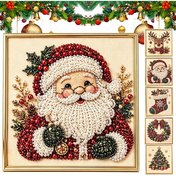 DIY Christmas Pearl Diamond Painting Art Kit, Xmas Gemstone Pearl Beads Craft, Christmas Diamond Painting Kit, Relaxing & Beginner-Friendly, for Tabletop Wall,Santa